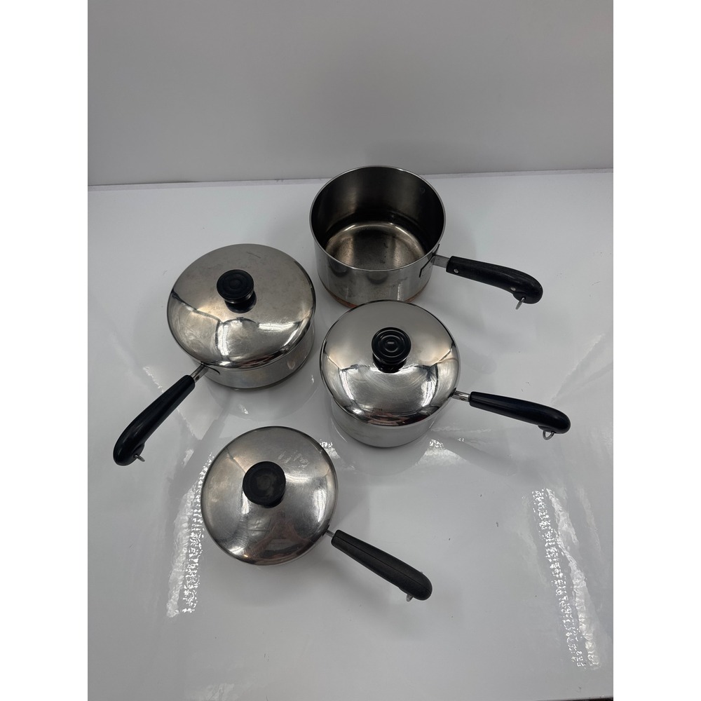 Vintage Revere Ware 7 Piece Set Copper Bottom Stainless Steel Saucepans Lids